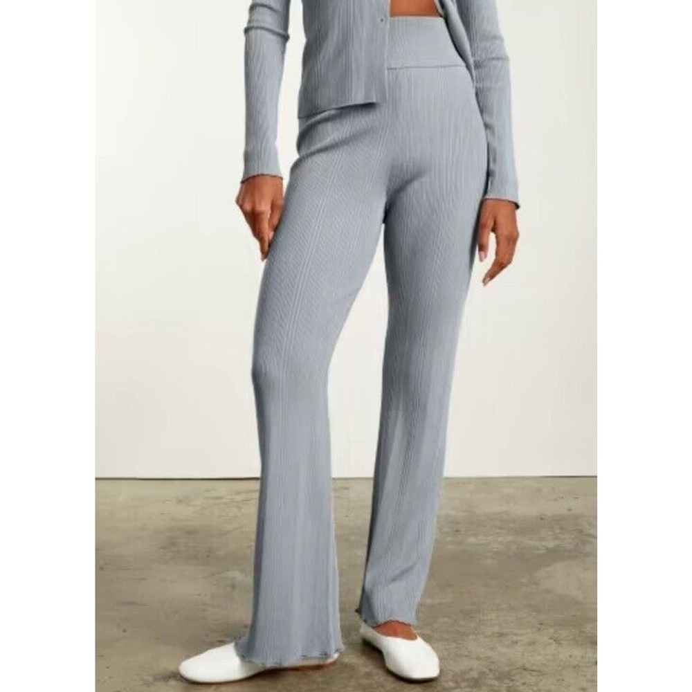 Everlane Pull On Pants Boho Medium Gray Ribbed Flare Elastic Waist Stretch